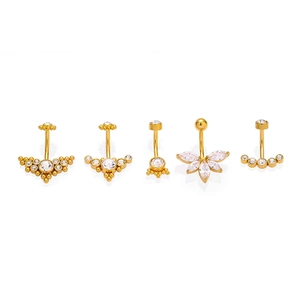 Five-piece 14G gold navel rings set with white zircon flower clusters in 316L steel