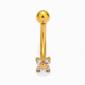 Detail view of a gold curved barbell eyebrow ring with a sparkling zircon flower design