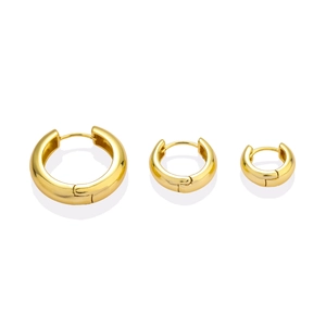 Three pairs of polished gold chunky hoop earrings in small, medium, and large sizes