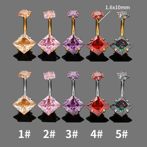 Square zircon belly rings in gold and silver finish with multi-color stones, size 1.6x10mm