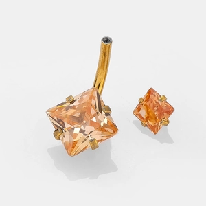 Golden belly ring with champagne square cubic zirconia in a curved internal screw design