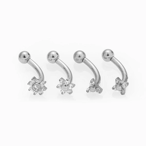 Set of 4 stainless steel curved barbells with flower and star-shaped zircon studs