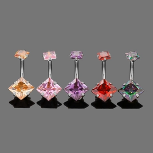Detailed close-up of 5 square zircon belly rings in vibrant colors with steel bars