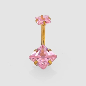 Detail of pink square zircon belly ring with gold curved barbell and four-prong setting