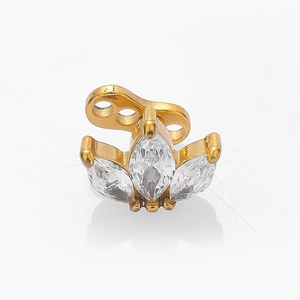 Golden 316L stainless steel crown dermal anchor top with three marquise cz stones