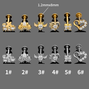 Set di piercing labret in acciaio 316L con design a farfalla e cuore in zircone