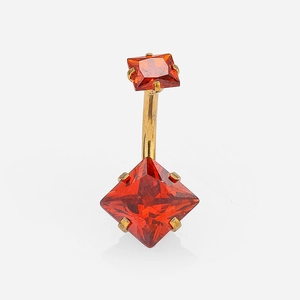 Detail of square orange zircon belly button ring with gold claw setting and curved bar