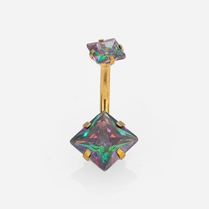 Macro view of golden stainless steel belly button ring with square mystic topaz stones
