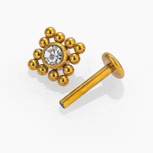 Stud labret 16G en acier inoxydable doré avec fleur en cristal et dos plat