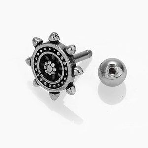 Nautical ship wheel barbell stud earring in vintage oxidized stainless steel finish