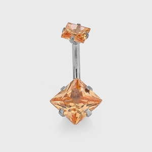 Square orange zircon belly button ring with silver surgical steel curved barbell