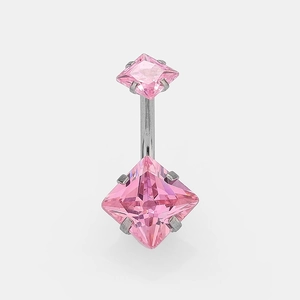 Silver stainless steel belly button ring with pink square zircon stones on white background