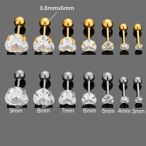 Surgical 316L stainless steel stud earrings set with 4-claw cubic zirconia from 3mm to 9mm