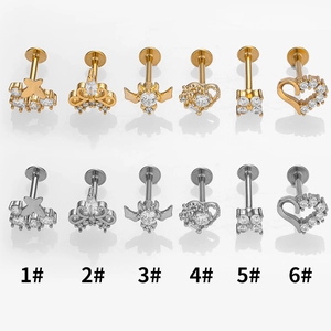 Set di 12 piercing labret in acciaio 316L con motivi a cuore, corona e zircone