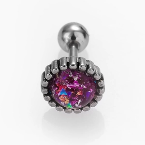 Detail of barbell earring with purple opal-effect stone and serrated edge bezel