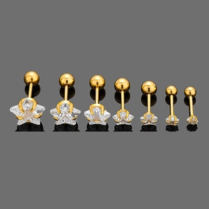 Set of seven gold plated 316L stainless steel star zircon cartilage stud earrings in various sizes