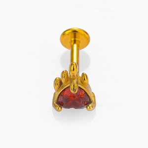 Vue macro détaillée d'une pierre précieuse rouge en cœur sertie dans un labret doré