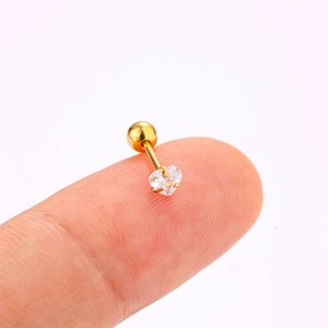 Macro view of gold-plated 316L steel heart zircon stud earring with ball back detail