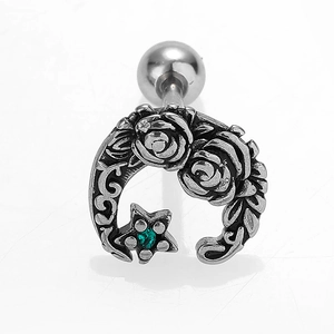 Vintage silver moon stud earring with carved rose floral pattern and green gemstone