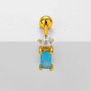 Golden stainless steel navel ring featuring a round zircon and blue gemstone pendant