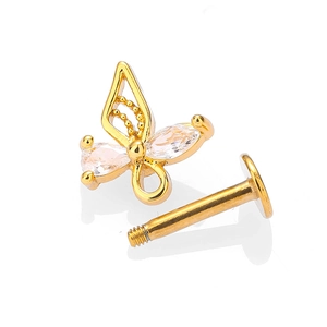 Piercing labret papillon en acier 316L doré avec micro-pavage en oxyde de zirconium
