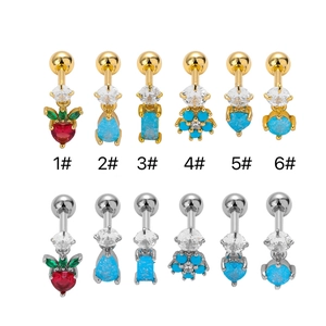 Set of 12 stainless steel belly rings with strawberry and blue turquoise heart charms