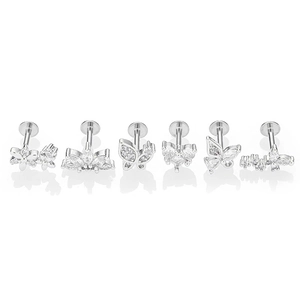 Lot de six piercings de lèvre en acier avec motifs de papillon et fleur en zircon brillant