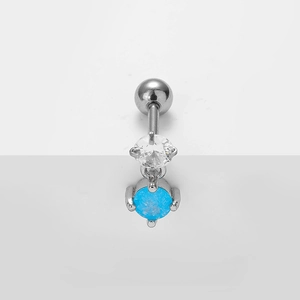 Surgical steel belly button ring with clear zircon and blue opal stone accent