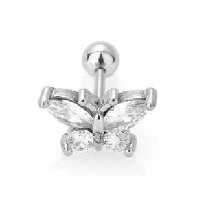 Detail of 316L stainless steel butterfly earring with marquise-cut cubic zirconia stones