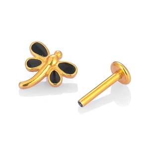 316L stainless steel dragonfly labret stud with black enamel and golden plating