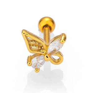 Clou d'oreille papillon doré minimaliste avec cristaux de zircone pour le cartilage