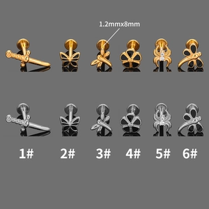 Set of 316L stainless steel lip studs with zircon and enamel designs in gold and silver