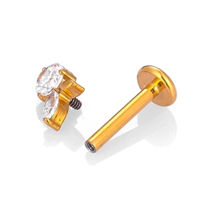 Gold F136 titanium labret stud with marquise zircon flower cluster and flat back