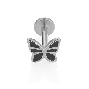 Macro shot of 316L stainless steel butterfly labret stud with black enamel filling