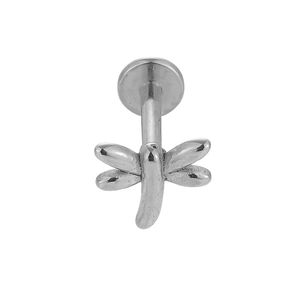 Detailed macro view of 316L stainless steel dragonfly stud with flat back design