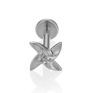 Macro view of silver titanium labret stud with zircon star head and flat back base