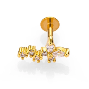 Stud de labret en acier 316L doré avec grappe de fleurs en zircone et croissant