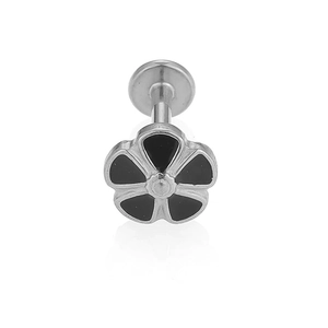 Detail of 316L stainless steel flower labret stud with black enamel petals and flat back