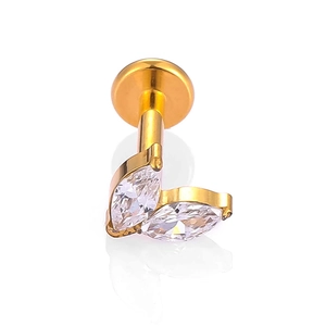 Titanium labret stud with gold coating and marquise-cut marquise cubic zirconia stones