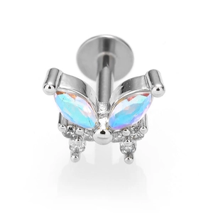 Piercing labret από χειρουργικό ατσάλι με πολύχρωμη πεταλούδα όπαλ και ζιργκόν
