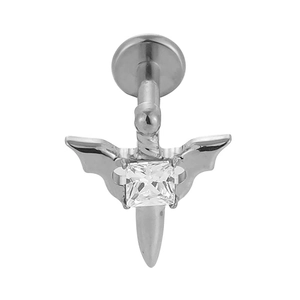 Detail of F136 titanium bat wing dagger piercing stud with square zircon inlay