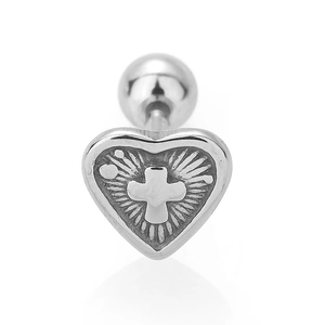 Polished 316L stainless steel heart-shaped barbell earring with embossed cross design