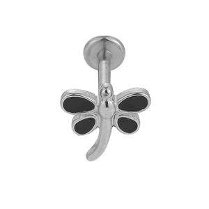 Detail view of 316L stainless steel labret stud with silver and black dragonfly design