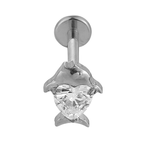 Detail view of titanium dolphin labret stud with a heart-shaped zircon stone inlay