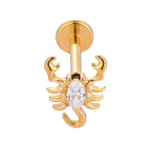 F136 titanium golden scorpion labret stud with inlaid zircon for cartilage and lip piercing