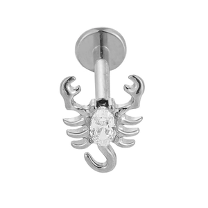 Detailed macro view of F136 titanium scorpion stud earring with oval cubic zirconia stone