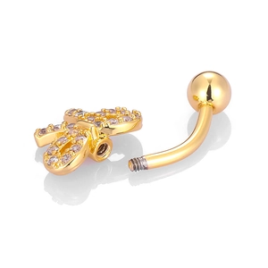 Elegant gold bowknot belly button ring with sparkling zircon stones on white background