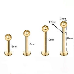 Gouden 316L roestvrijstalen labret studs in vier lengtes van 6mm tot 12mm