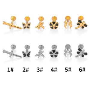 316L stainless steel studs in gold and silver with sword, butterfly, and spider designs
