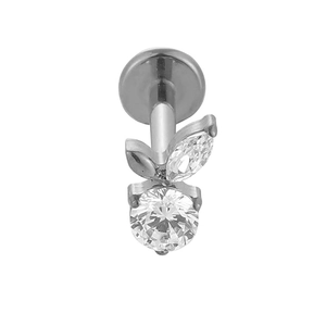 Detailed view of polished F136 titanium flat back stud with marquise and round zircons